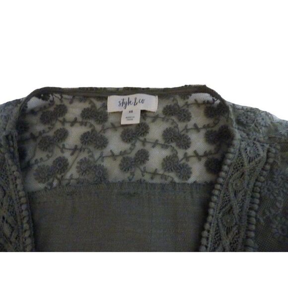 Style & Co Lace-Yoke Handkerchief-Hem Top, Olive Spring, XS - Picture 6 of 7